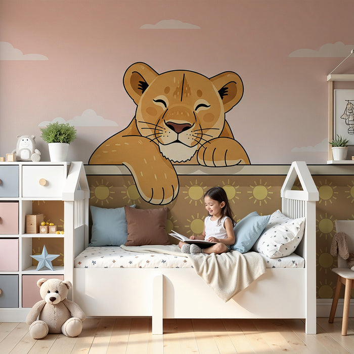 Baby's room wallpaper | Cheerful lion cub on a sunny background