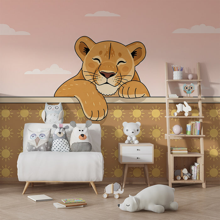 Baby's room wallpaper | Cheerful lion cub on a sunny background