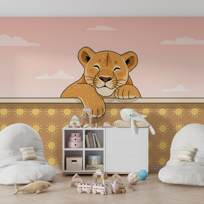 Baby's room wallpaper | Cheerful lion cub on a sunny background