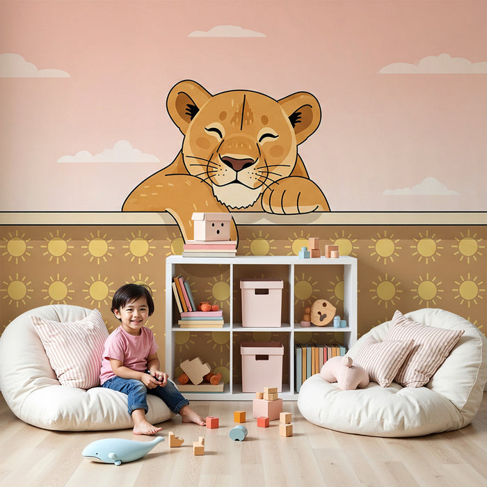 Papel pintado para habitación infantil | Cachorro de león alegre sobre fondo soleado