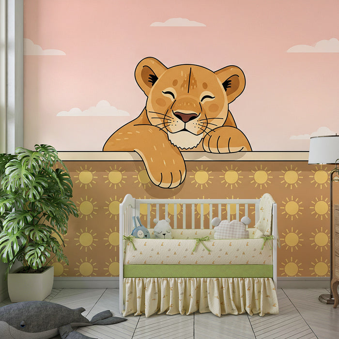 Papel pintado para habitación infantil | Cachorro de león alegre sobre fondo soleado