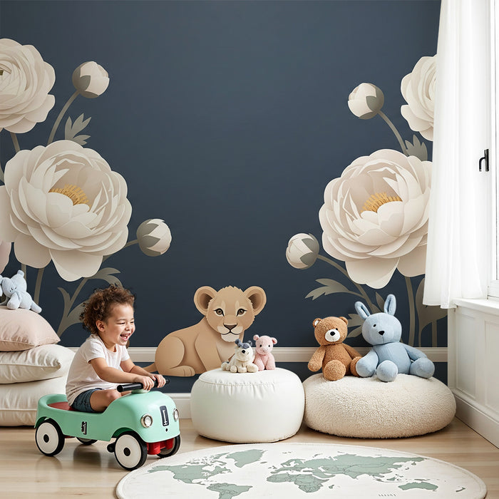 Papel pintado infantil | Cachorro de león lindo rodeado de flores