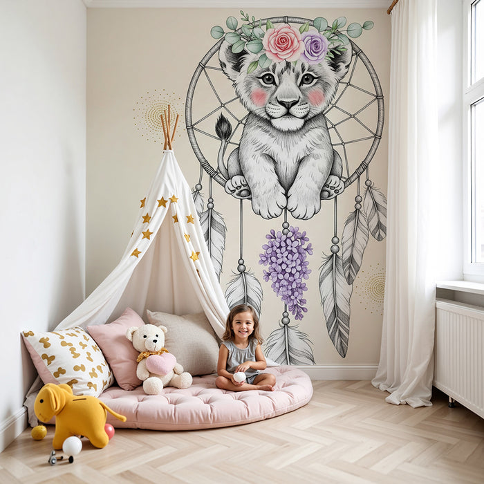 Papier peint chambre bébé | Lionceau rêveur et attrape-rêves
