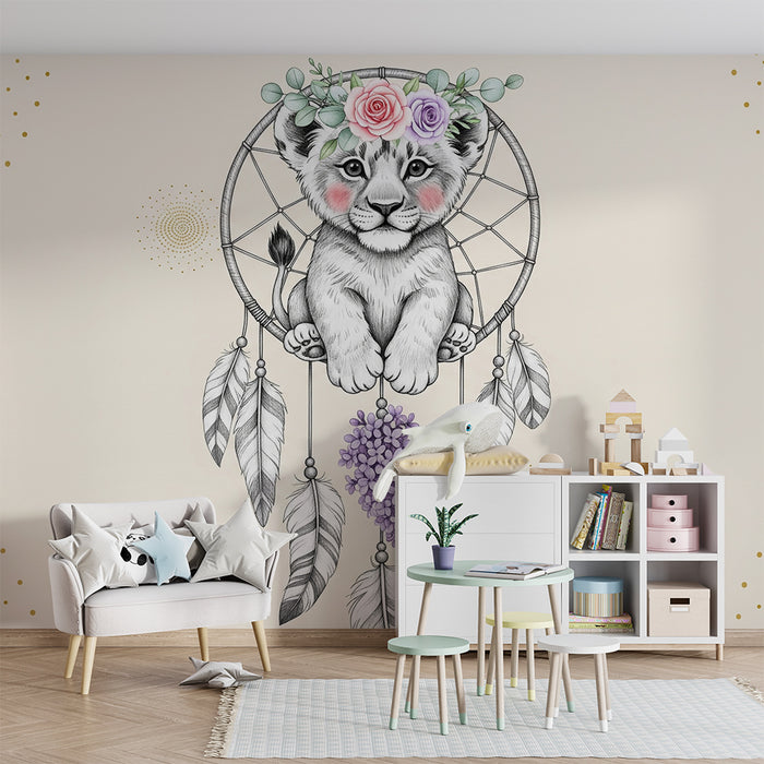 Papier peint chambre bébé | Lionceau rêveur et attrape-rêves