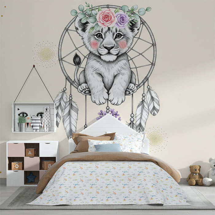 Papier peint chambre bébé | Lionceau rêveur et attrape-rêves