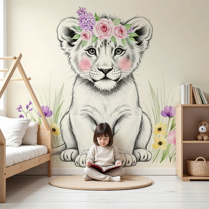 Papier peint chambre bébé | Lionceau tout mignon avec fleurs
