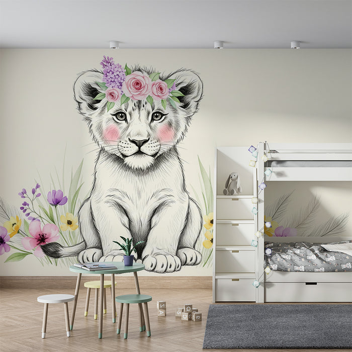 Papier peint chambre bébé | Lionceau tout mignon avec fleurs