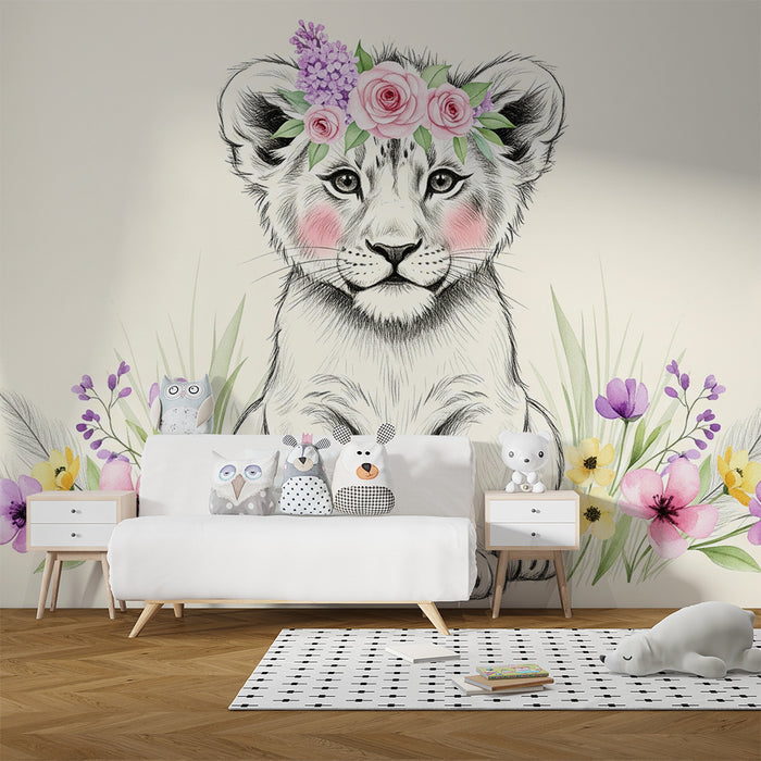 Papier peint chambre bébé | Lionceau tout mignon avec fleurs