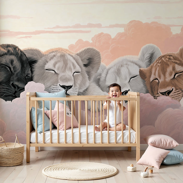 Nursery room wallpaper | Sleeping lion cubs among the pink clouds