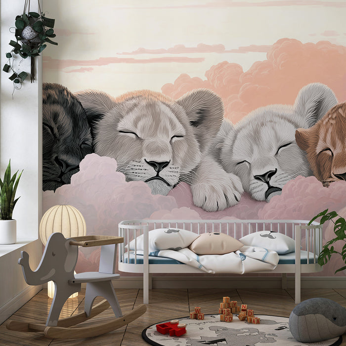 Nursery room wallpaper | Sleeping lion cubs among the pink clouds