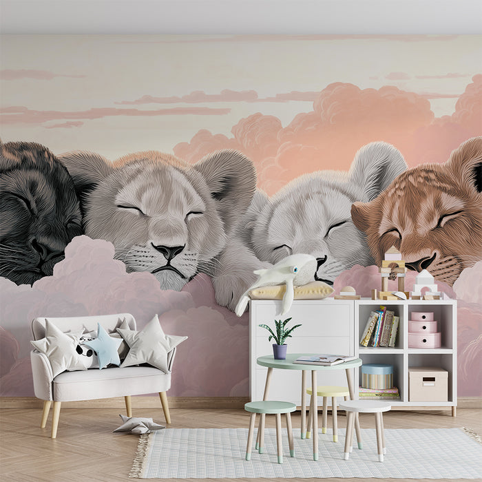 Nursery room wallpaper | Sleeping lion cubs among the pink clouds