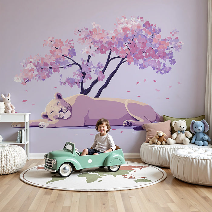 Papier de parede baba szoba | Elalvó oroszlán egy virágzó cseresznyefa alatt