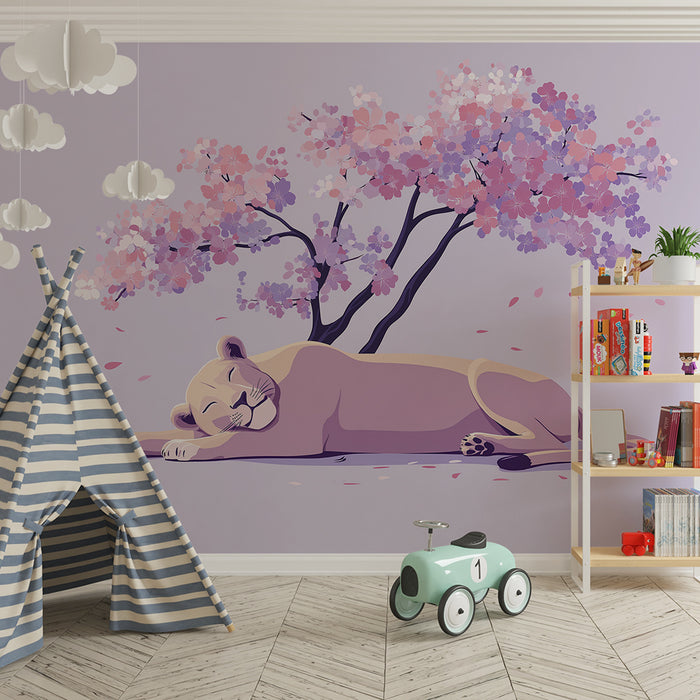 Papier de parede baba szoba | Elalvó oroszlán egy virágzó cseresznyefa alatt