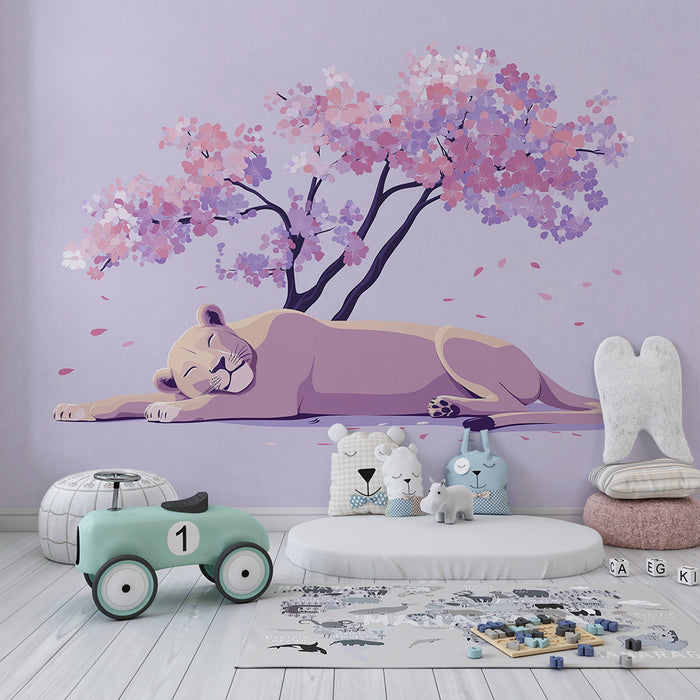Papier de parede baba szoba | Elalvó oroszlán egy virágzó cseresznyefa alatt