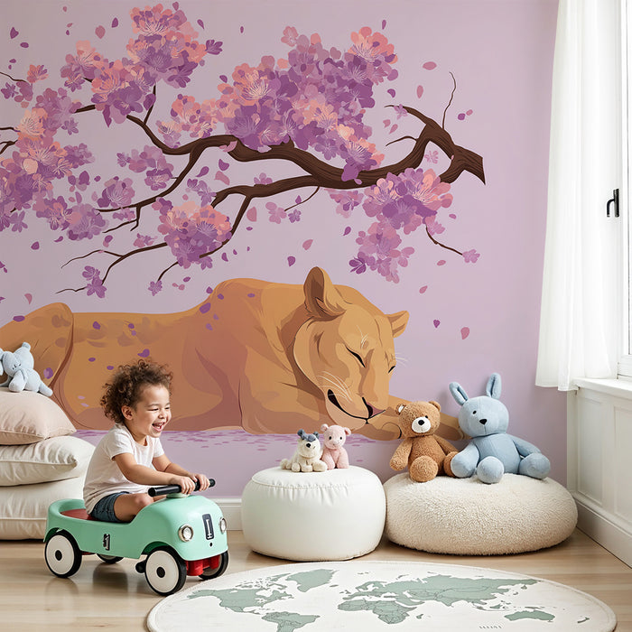 Babyzimmer Tapete | Friedlicher Löwe unter einer blühenden Kirschblüte