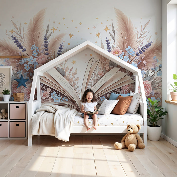 Nursery room wallpaper | Open book surrounded by delicate flowers and pampas grass