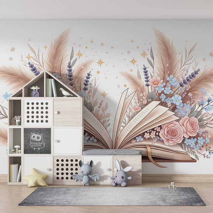 Nursery room wallpaper | Open book surrounded by delicate flowers and pampas grass