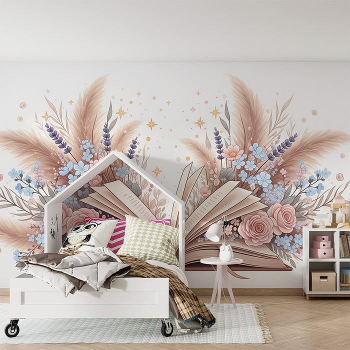Nursery room wallpaper | Open book surrounded by delicate flowers and pampas grass