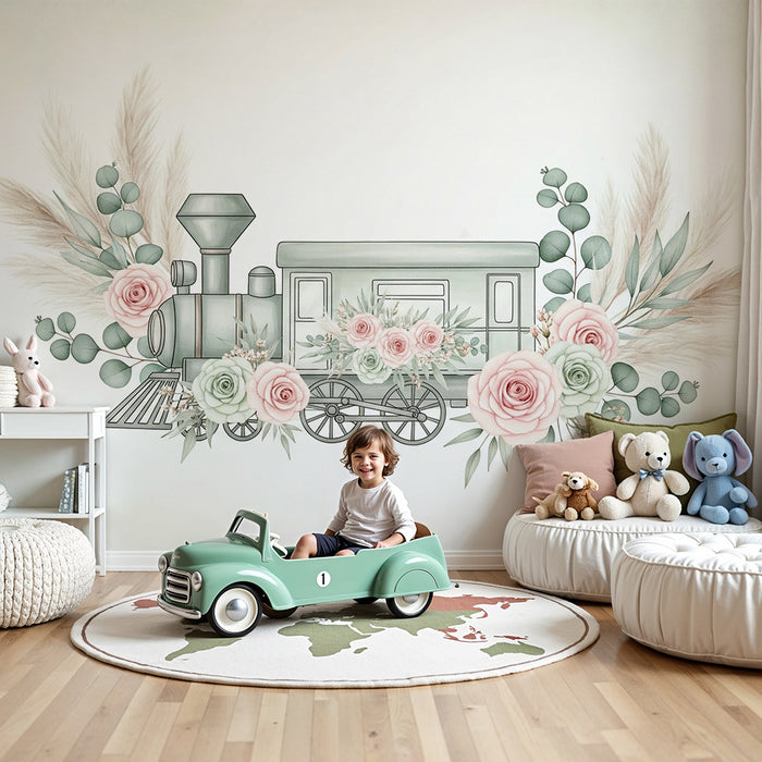 Papier peint chambre bébé | Locomotive vintage entourée de fleurs délicates