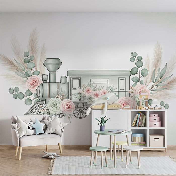 Papier peint chambre bébé | Locomotive vintage entourée de fleurs délicates