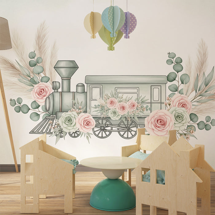 Papier peint chambre bébé | Locomotive vintage entourée de fleurs délicates