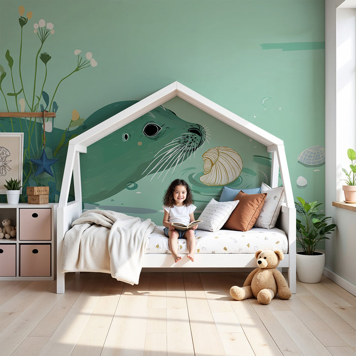 Papier peint chambre bébé | Loutre curieuse et coquillages dans un décor aquatique apaisant