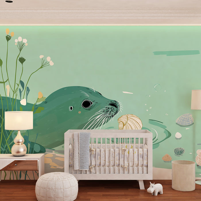 Papier peint chambre bébé | Loutre curieuse et coquillages dans un décor aquatique apaisant