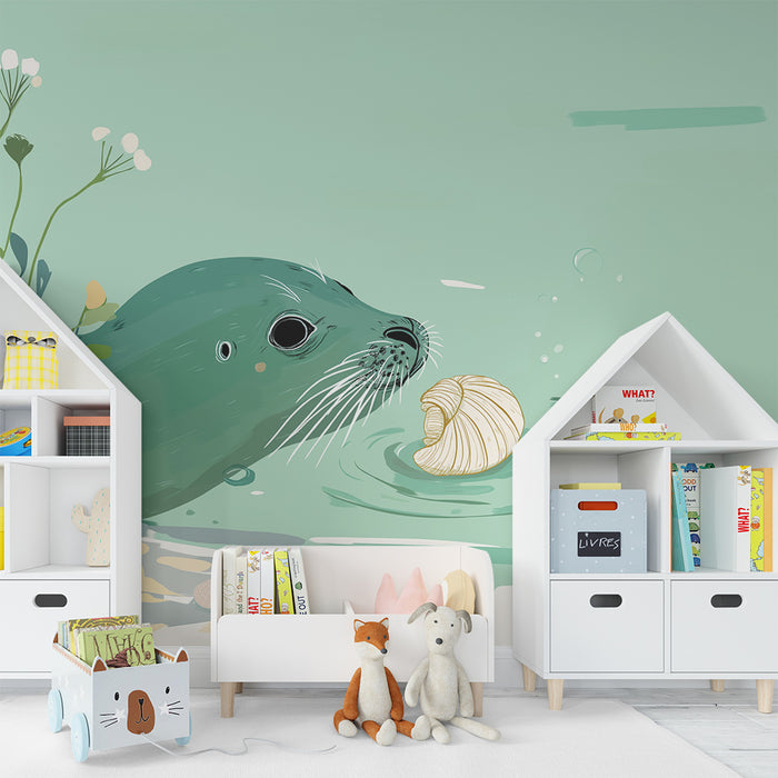Papier peint chambre bébé | Loutre curieuse et coquillages dans un décor aquatique apaisant