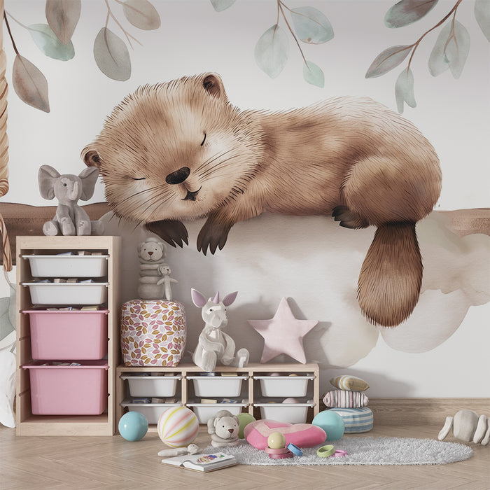 Papier peint chambre bébé | Loutre endormie sur un nuage avec feuillage délicat