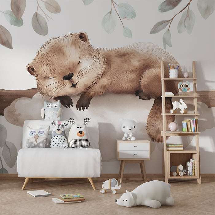 Papier peint chambre bébé | Loutre endormie sur un nuage avec feuillage délicat