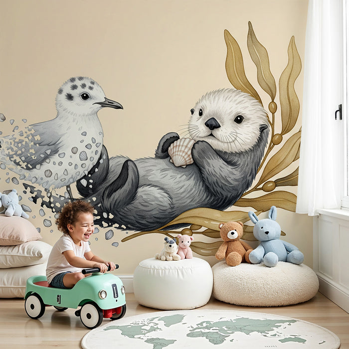 Papier peint chambre bébé | Loutre espiègle et oiseau sur fond doux
