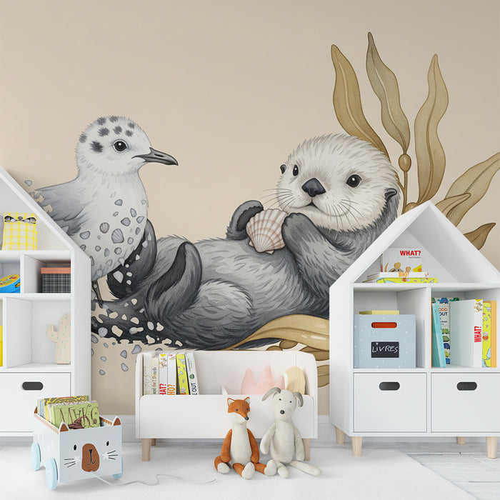 Papier peint chambre bébé | Loutre espiègle et oiseau sur fond doux