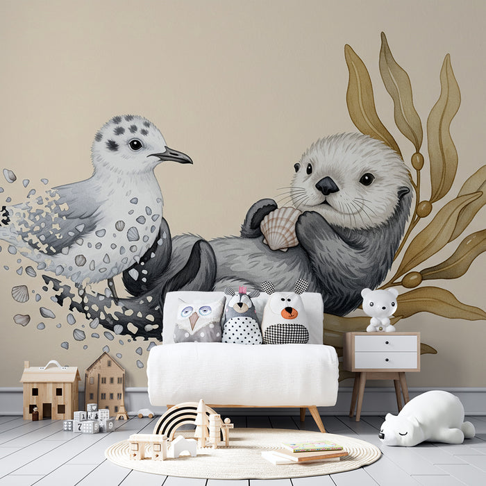 Papier peint chambre bébé | Loutre espiègle et oiseau sur fond doux