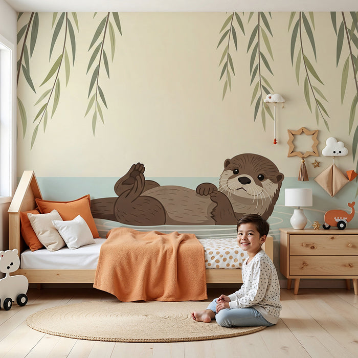 Baby room wallpaper | Playful otter floating peacefully under branches
