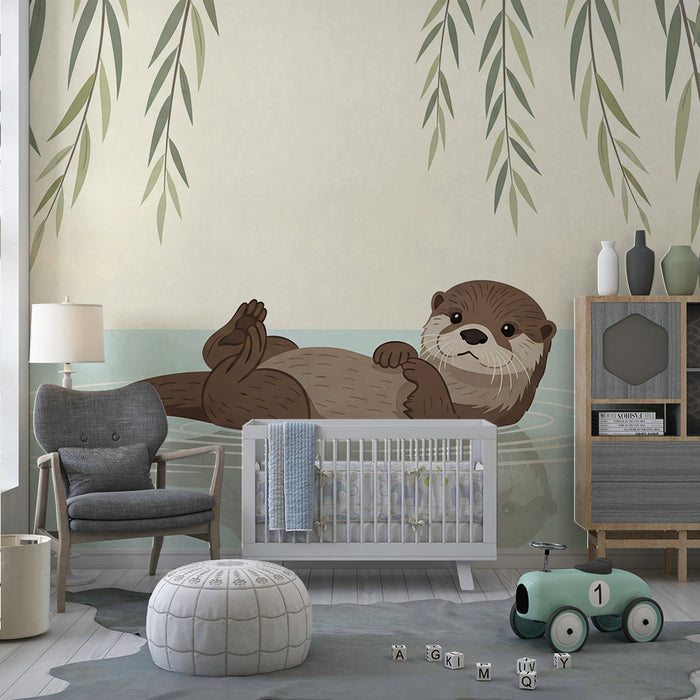 Baby room wallpaper | Playful otter floating peacefully under branches