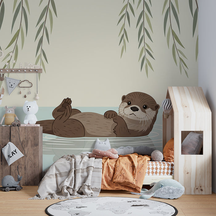 Baby room wallpaper | Playful otter floating peacefully under branches
