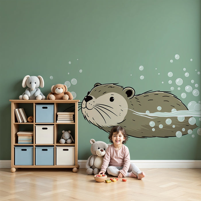 Babykamer behang | Vrolijke otter zwemt tussen de waterbellen
