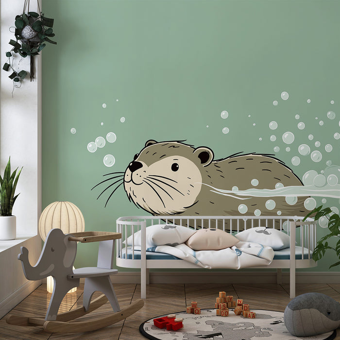 Babykamer behang | Vrolijke otter zwemt tussen de waterbellen