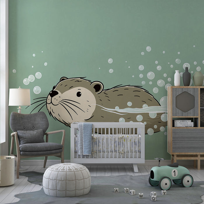 Babykamer behang | Vrolijke otter zwemt tussen de waterbellen