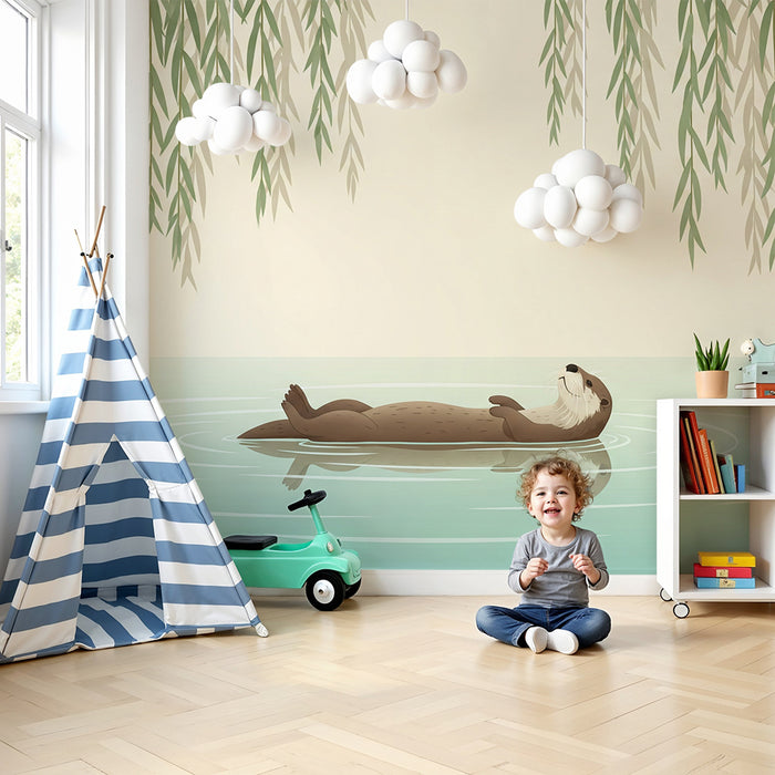 Papier peint chambre bébé | Loutre paisible flottant sous les saules → **Beebitoa tapeet | Sõbralik saarmas ujumas pajude all**