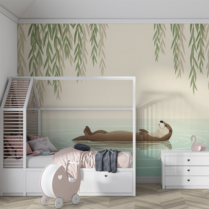 Papier peint chambre bébé | Loutre paisible flottant sous les saules → **Beebitoa tapeet | Sõbralik saarmas ujumas pajude all**