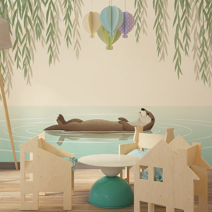 Papier peint chambre bébé | Loutre paisible flottant sous les saules → **Beebitoa tapeet | Sõbralik saarmas ujumas pajude all**