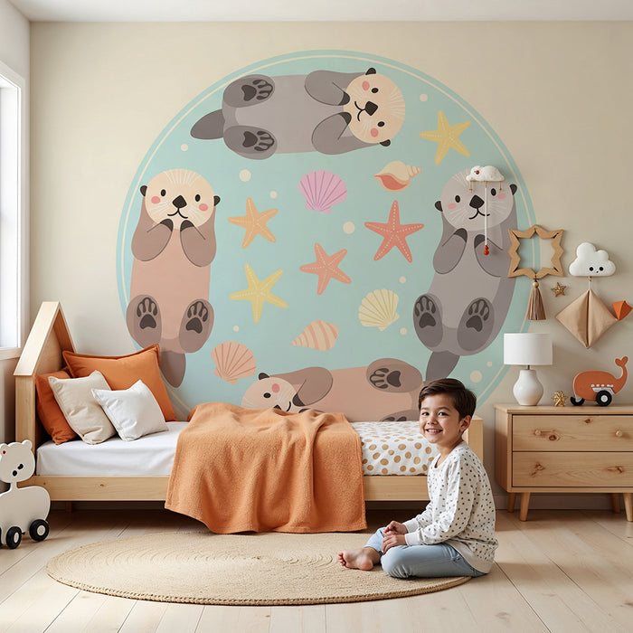 Nursery room wallpaper | Adorable otters playing in the water with starfish and seashells