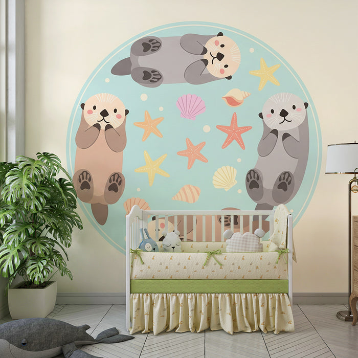 Nursery room wallpaper | Adorable otters playing in the water with starfish and seashells