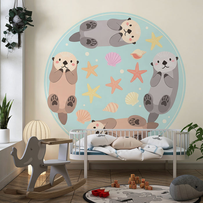Nursery room wallpaper | Adorable otters playing in the water with starfish and seashells
