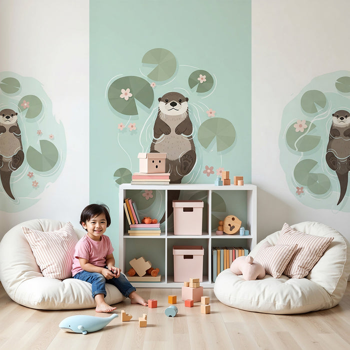 Baby room wallpaper | Happy otters floating among water lilies