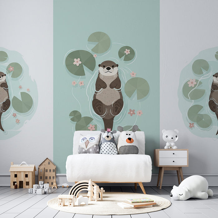 Baby room wallpaper | Happy otters floating among water lilies