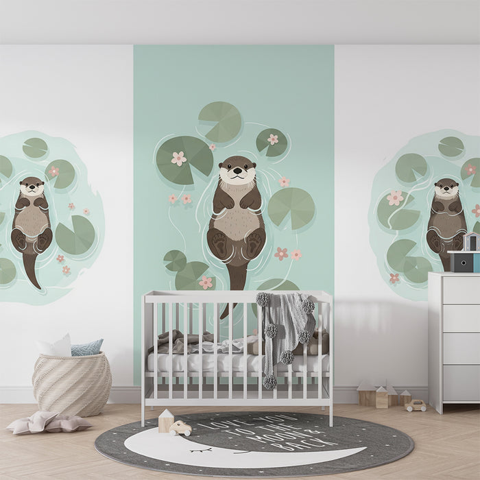 Baby room wallpaper | Happy otters floating among water lilies