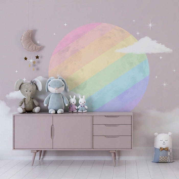 Babykamer behang | Regenboog maan en zachte wolken in een pastelkleurige lucht