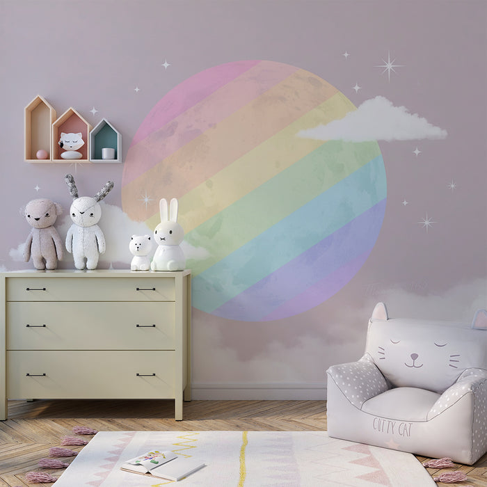 Babykamer behang | Regenboog maan en zachte wolken in een pastelkleurige lucht